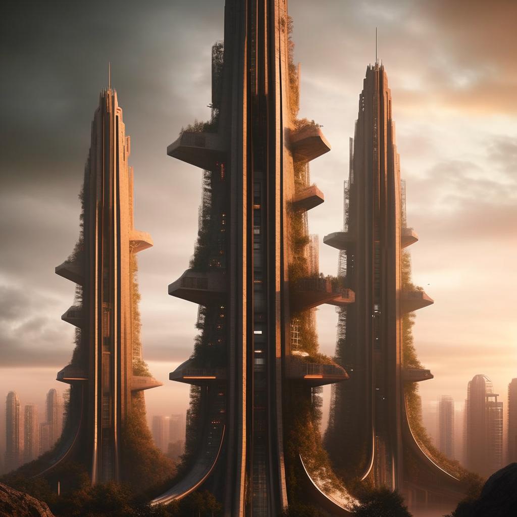 Brutalist architectural design for spired towers, set against the backdrop of a distant, advanced future