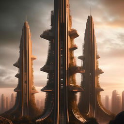 Brutalist architectural design for spired towers, set against the backdrop of a distant, advanced future