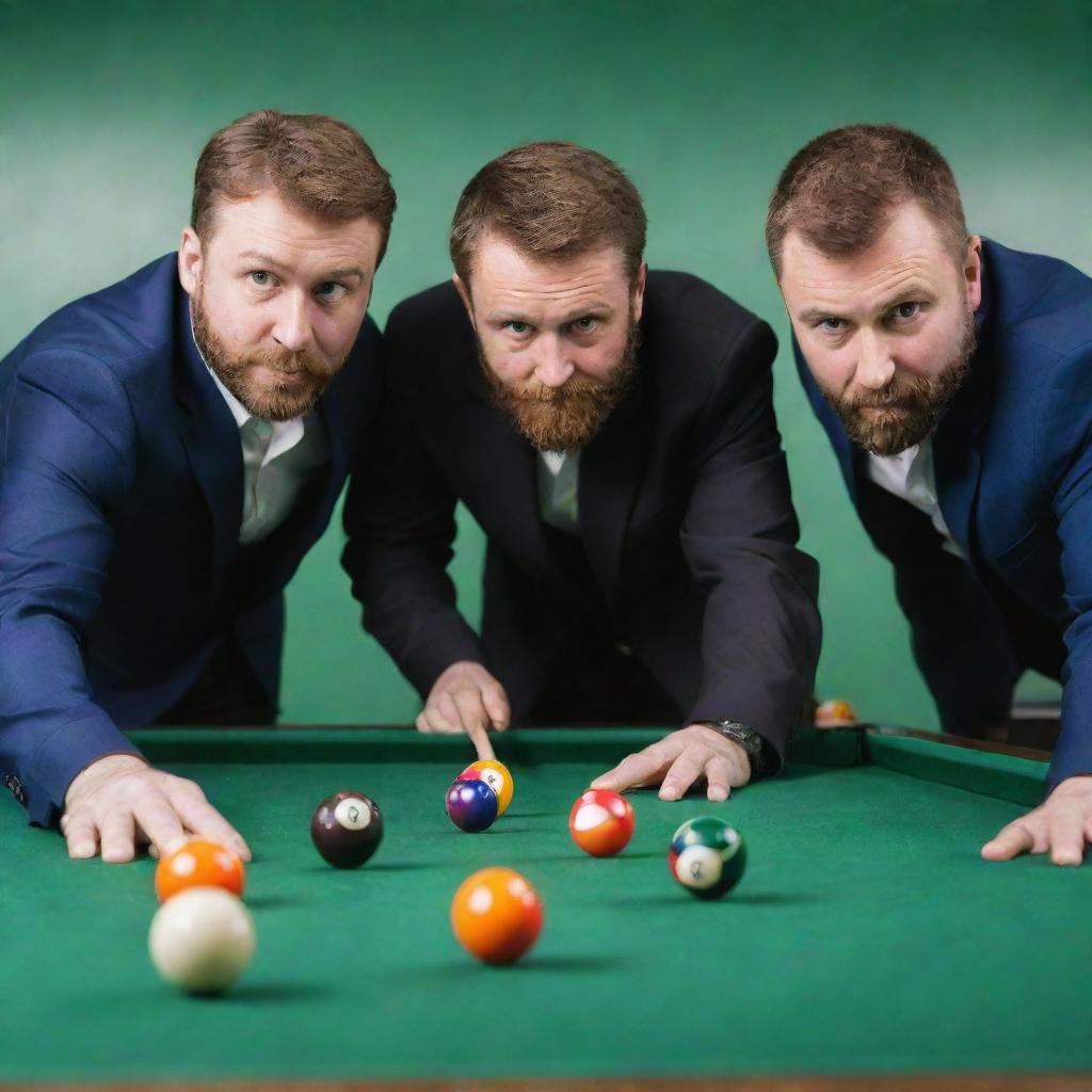 Three men with short beards, intensely involved in a game of billiards, pool balls scattered on the vibrant green table.