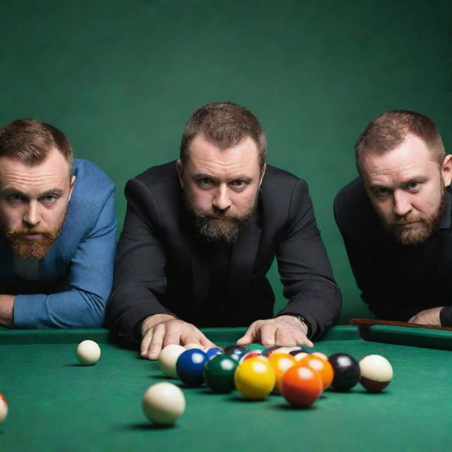 Three men with short beards, intensely involved in a game of billiards, pool balls scattered on the vibrant green table.