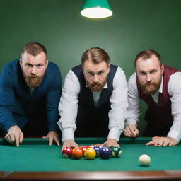 Three men with short beards, intensely involved in a game of billiards, pool balls scattered on the vibrant green table.