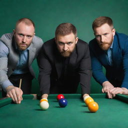 Three men with short beards, intensely involved in a game of billiards, pool balls scattered on the vibrant green table.