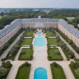 Panoramic view of a grand hotel exterior, featuring well-manicured gardens, tall archways, and a visible rooftop pool.