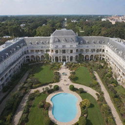 Panoramic view of a grand hotel exterior, featuring well-manicured gardens, tall archways, and a visible rooftop pool.