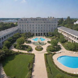 Panoramic view of a grand hotel exterior, featuring well-manicured gardens, tall archways, and a visible rooftop pool.