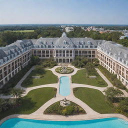 Panoramic view of a grand hotel exterior, featuring well-manicured gardens, tall archways, and a visible rooftop pool.