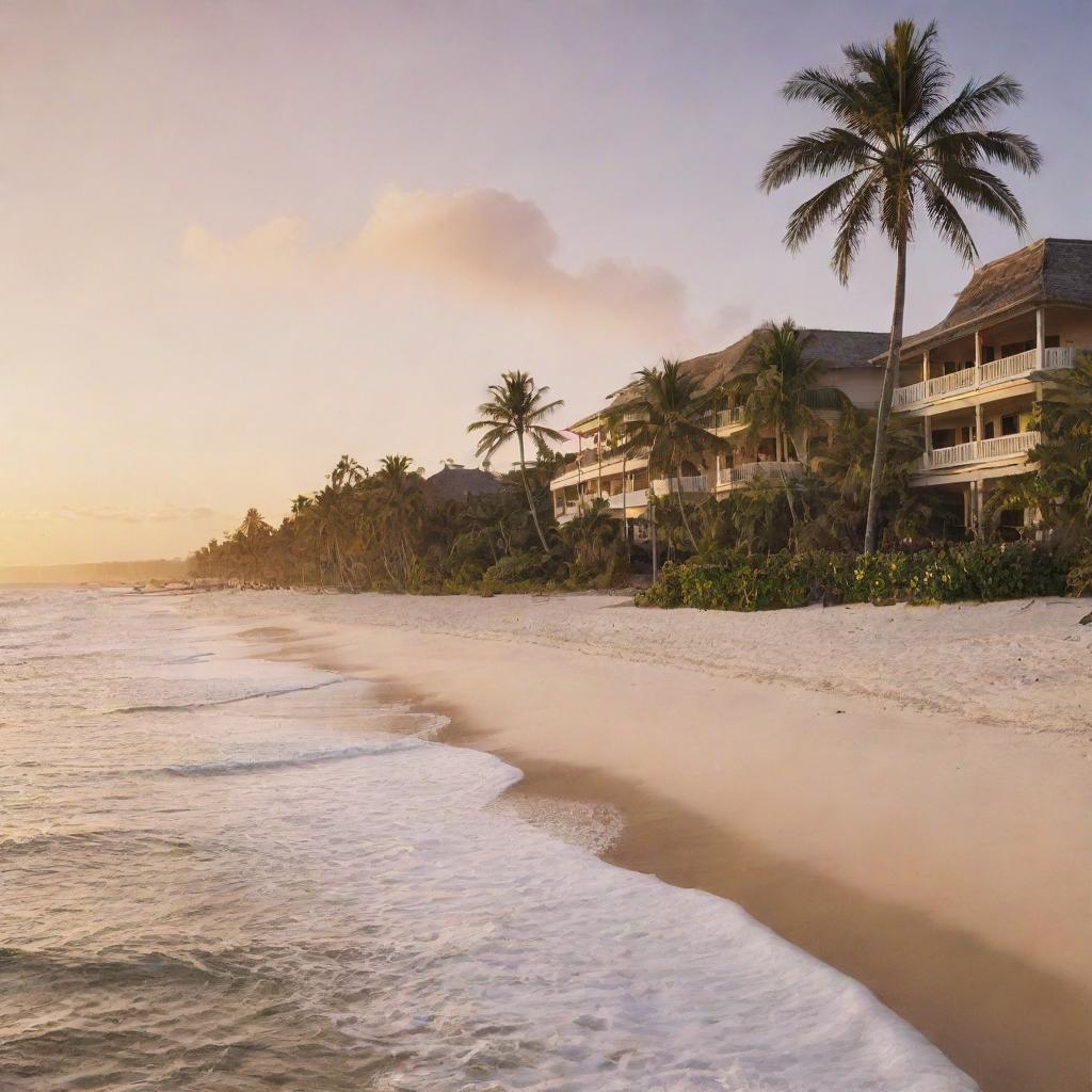 A beautiful beachfront hotel exterior at sunset, with palm trees swaying gently, a wide sandy beach, and a calm sea glittering under the setting sun.