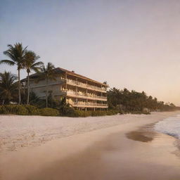 A beautiful beachfront hotel exterior at sunset, with palm trees swaying gently, a wide sandy beach, and a calm sea glittering under the setting sun.