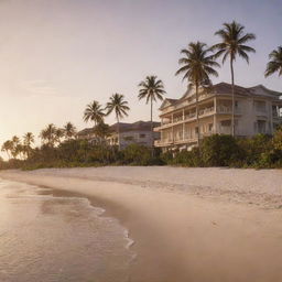 A beautiful beachfront hotel exterior at sunset, with palm trees swaying gently, a wide sandy beach, and a calm sea glittering under the setting sun.