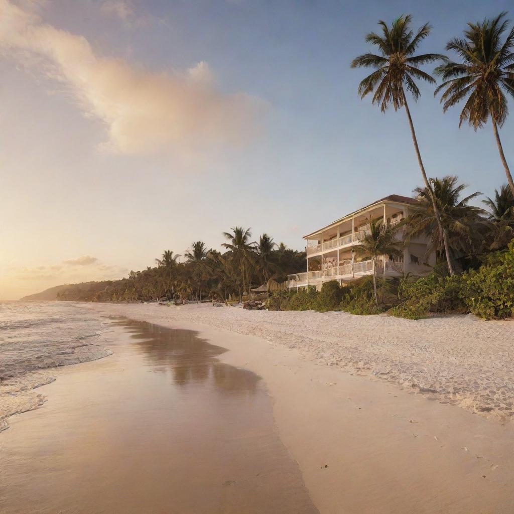 A beautiful beachfront hotel exterior at sunset, with palm trees swaying gently, a wide sandy beach, and a calm sea glittering under the setting sun.