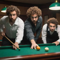 Three young men with short beards playing billiards, one distinctively having curly hair, in an animated style, highlighting the dynamic motion of the game.