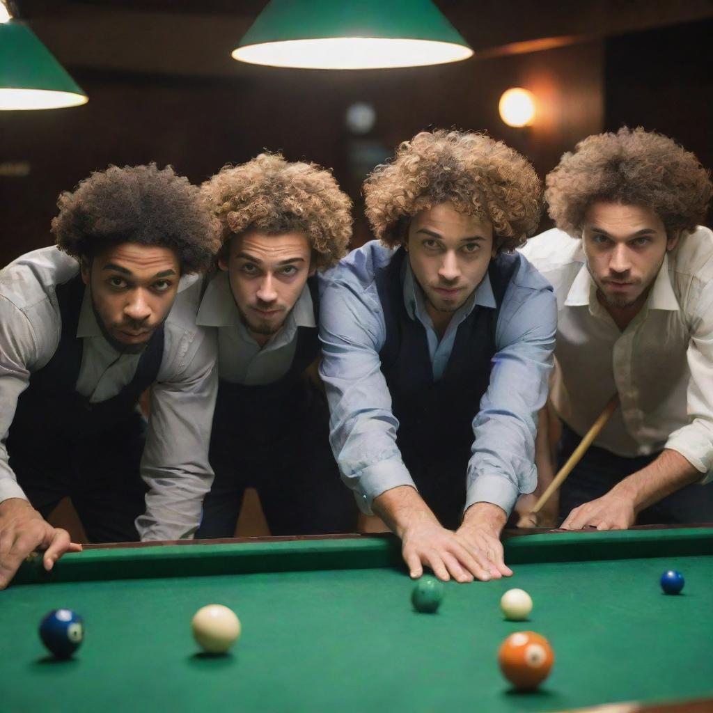 Three young men with short beards playing billiards, one distinctively having curly hair, in an animated style, highlighting the dynamic motion of the game.