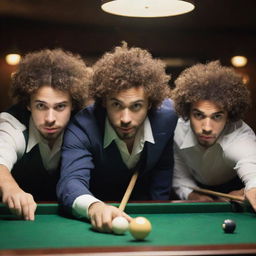 Three young men with short beards playing billiards, one distinctively having curly hair, in an animated style, highlighting the dynamic motion of the game.