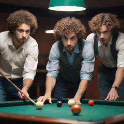 Three young men with short beards playing billiards, one distinctively having curly hair, in an animated style, highlighting the dynamic motion of the game.