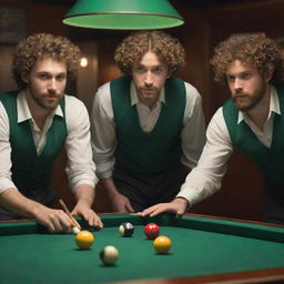 An animated depiction of three young men with short beards, one with distinct curly hair, immersed in a game of billiards, the colored balls and green table vividly detailed.