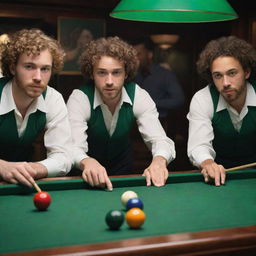 An animated depiction of three young men with short beards, one with distinct curly hair, immersed in a game of billiards, the colored balls and green table vividly detailed.