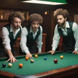 An animated depiction of three young men with short beards, one with distinct curly hair, immersed in a game of billiards, the colored balls and green table vividly detailed.