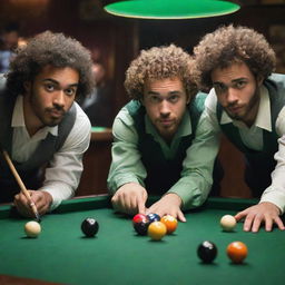 An animated depiction of three young men with short beards, one with distinct curly hair, immersed in a game of billiards, the colored balls and green table vividly detailed.