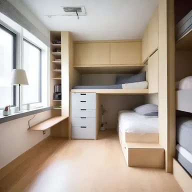 The dorm room had a modern and minimalist design with built-in storage.