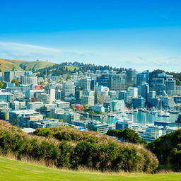 Wellington city on a sunny, beautiful day, showcasing the vibrant cityscape, serene harbor, and lush green hills under clear blue sky