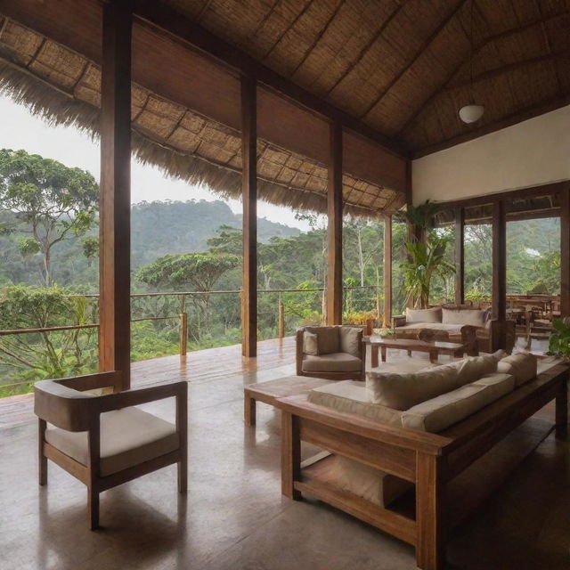 Luxurious hotel interior in Sri Lanka incorporating natural elements. The space has exquisite wooden furniture, lush indoor plants, and large windows offering views of the tropical landscape outside.