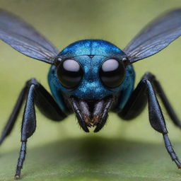 Generate an image of a monstrous insect, with noticeably large eyes in vivid blue, contrastingly paired with a dominating black body.