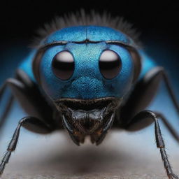 Generate an image of a monstrous insect, with noticeably large eyes in vivid blue, contrastingly paired with a dominating black body.