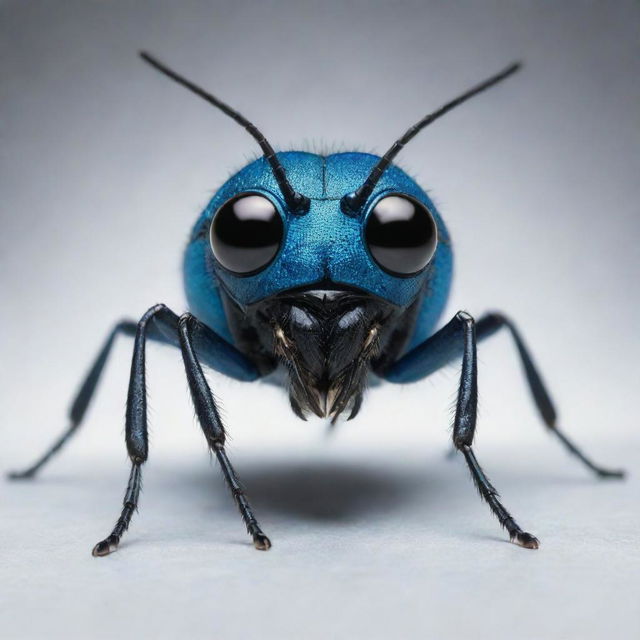 Generate an image of a monstrous insect, with noticeably large eyes in vivid blue, contrastingly paired with a dominating black body.