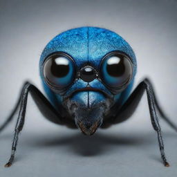 Generate an image of a monstrous insect, with noticeably large eyes in vivid blue, contrastingly paired with a dominating black body.