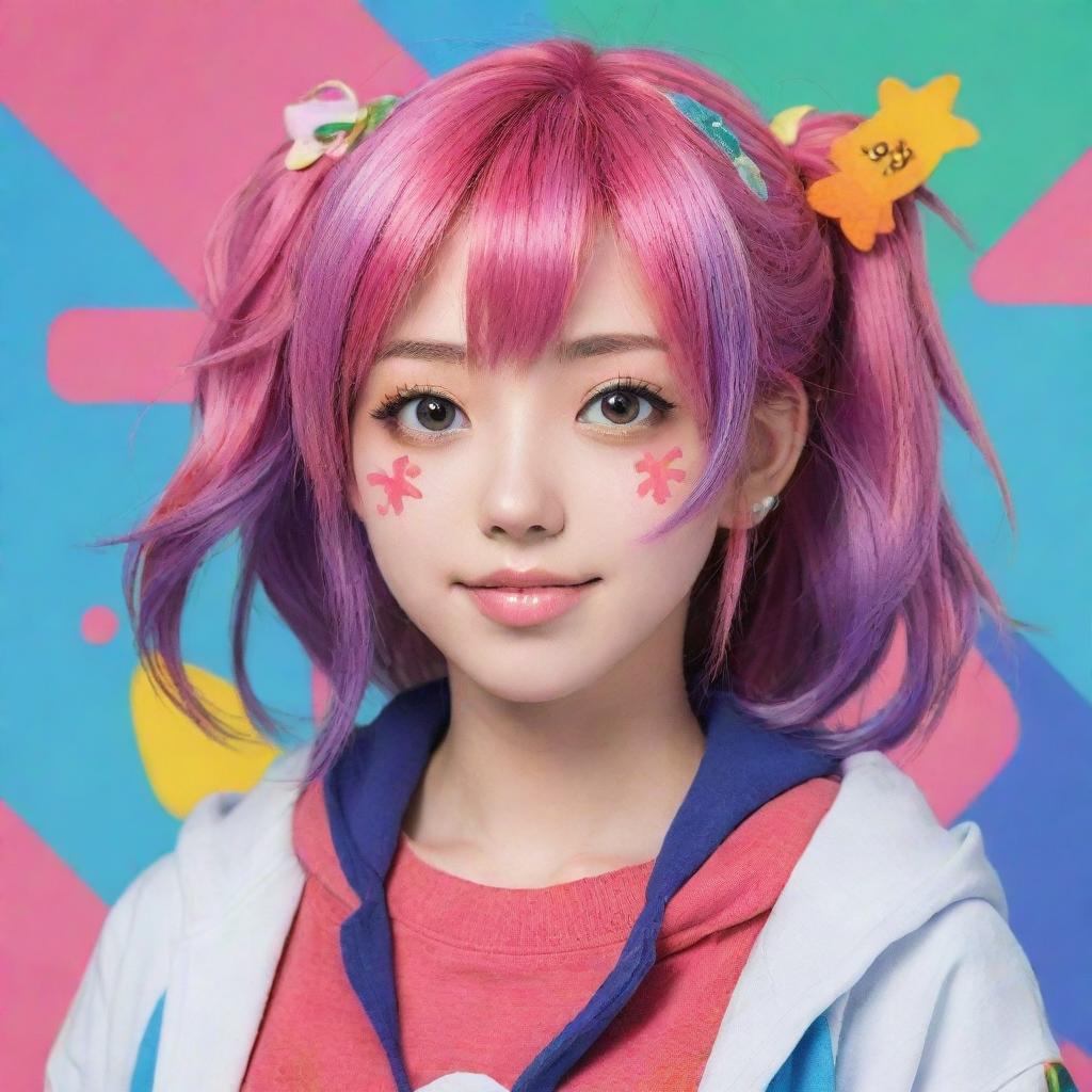 Create a vibrant, eye-catching profile picture for an Anime YouTube channel. Incorporate a unique character with prominent anime characteristics, surrounded by dynamic colors and symbols representative of animation and entertainment.