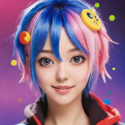 Create a vibrant, eye-catching profile picture for an Anime YouTube channel. Incorporate a unique character with prominent anime characteristics, surrounded by dynamic colors and symbols representative of animation and entertainment.