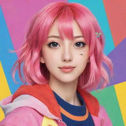 Create a vibrant, eye-catching profile picture for an Anime YouTube channel. Incorporate a unique character with prominent anime characteristics, surrounded by dynamic colors and symbols representative of animation and entertainment.