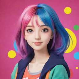 Create a vibrant, eye-catching profile picture for an Anime YouTube channel. Incorporate a unique character with prominent anime characteristics, surrounded by dynamic colors and symbols representative of animation and entertainment.