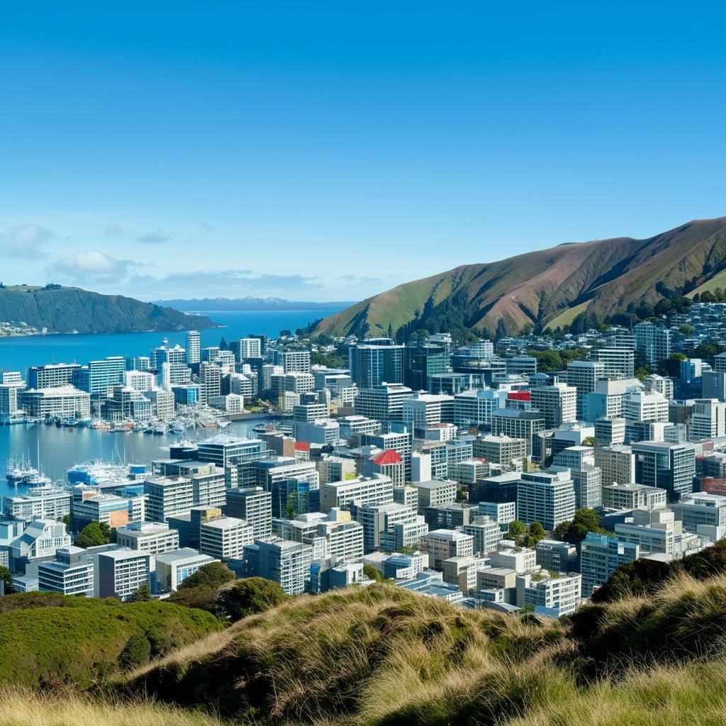 Wellington city on a sunny, beautiful day, showcasing the vibrant cityscape, serene harbor, and lush green hills under clear blue sky