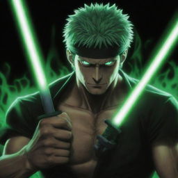 Generate an intense image of the anime character Zoro from One Piece in a demonic form, with his three swords glowing with a mysterious, eerie energy emanating from them. His eyes should be glowing and his expression, fierce and intimidating.