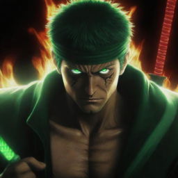 Generate an intense image of the anime character Zoro from One Piece in a demonic form, with his three swords glowing with a mysterious, eerie energy emanating from them. His eyes should be glowing and his expression, fierce and intimidating.