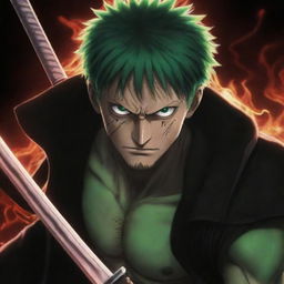 Generate an intense image of the anime character Zoro from One Piece in a demonic form, with his three swords glowing with a mysterious, eerie energy emanating from them. His eyes should be glowing and his expression, fierce and intimidating.