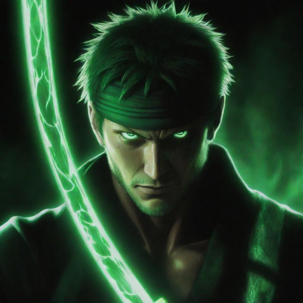 Generate an intense image of the anime character Zoro from One Piece in a demonic form, with his three swords glowing with a mysterious, eerie energy emanating from them. His eyes should be glowing and his expression, fierce and intimidating.