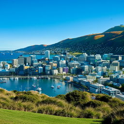 Wellington city on a sunny, beautiful day, showcasing the vibrant cityscape, serene harbor, and lush green hills under clear blue sky