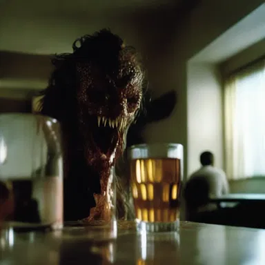 The horror movie reached its climax when the protagonist's reflection suddenly turned into a monstrous creature in the drinking glass.