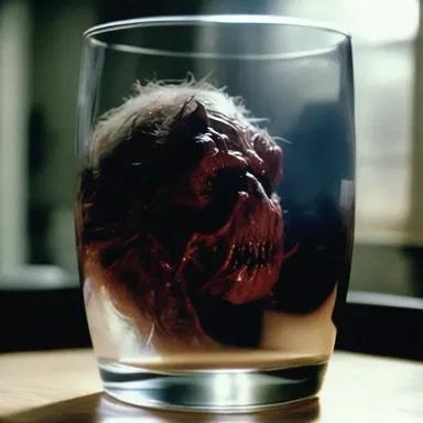 The horror movie reached its climax when the protagonist's reflection suddenly turned into a monstrous creature in the drinking glass.