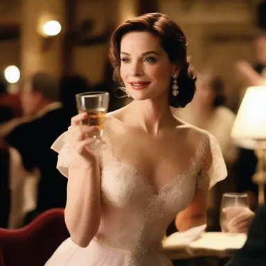 The actress gracefully held the drinking glass in her hand as she delivered her lines in the romantic cinema scene.