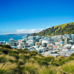 Wellington city on a sunny, beautiful day, showcasing the vibrant cityscape, serene harbor, and lush green hills under clear blue sky