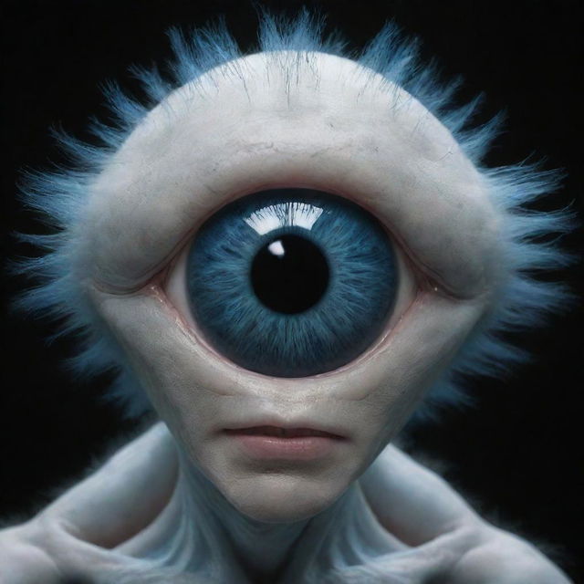 Generate an image of a humanoid monster with a single, oversized blue eye.