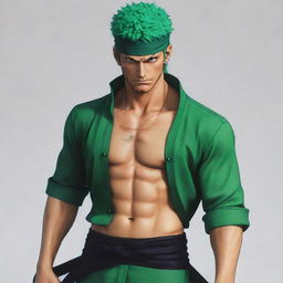 Adapt the previous image of the demonically transformed Zoro to incorporate notable anime aesthetics. Make sure the style, colors, and visual features align with classic anime conventions for a stronger connection to the anime world.