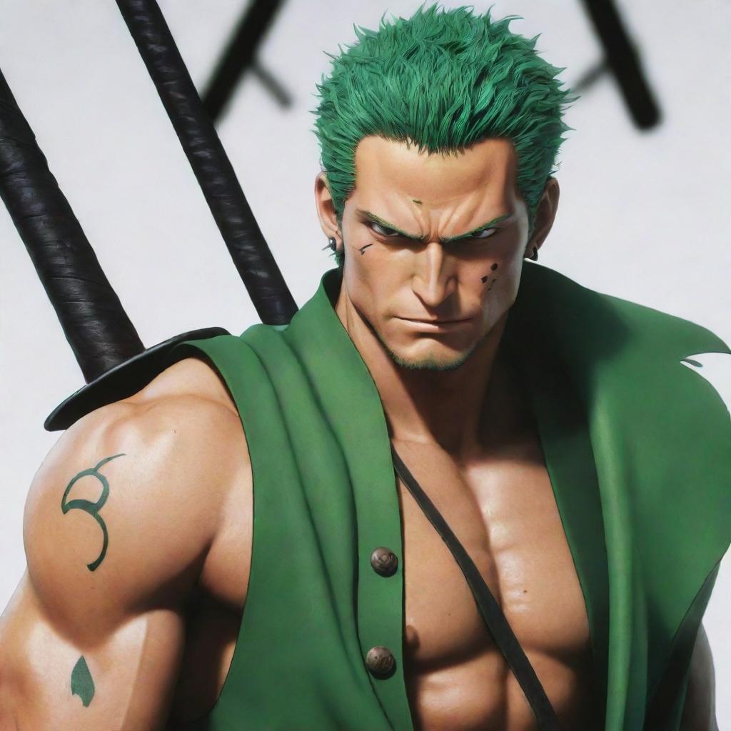 Adapt the previous image of the demonically transformed Zoro to incorporate notable anime aesthetics. Make sure the style, colors, and visual features align with classic anime conventions for a stronger connection to the anime world.