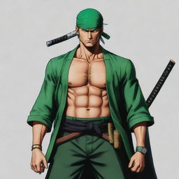 Adapt the previous image of the demonically transformed Zoro to incorporate notable anime aesthetics. Make sure the style, colors, and visual features align with classic anime conventions for a stronger connection to the anime world.