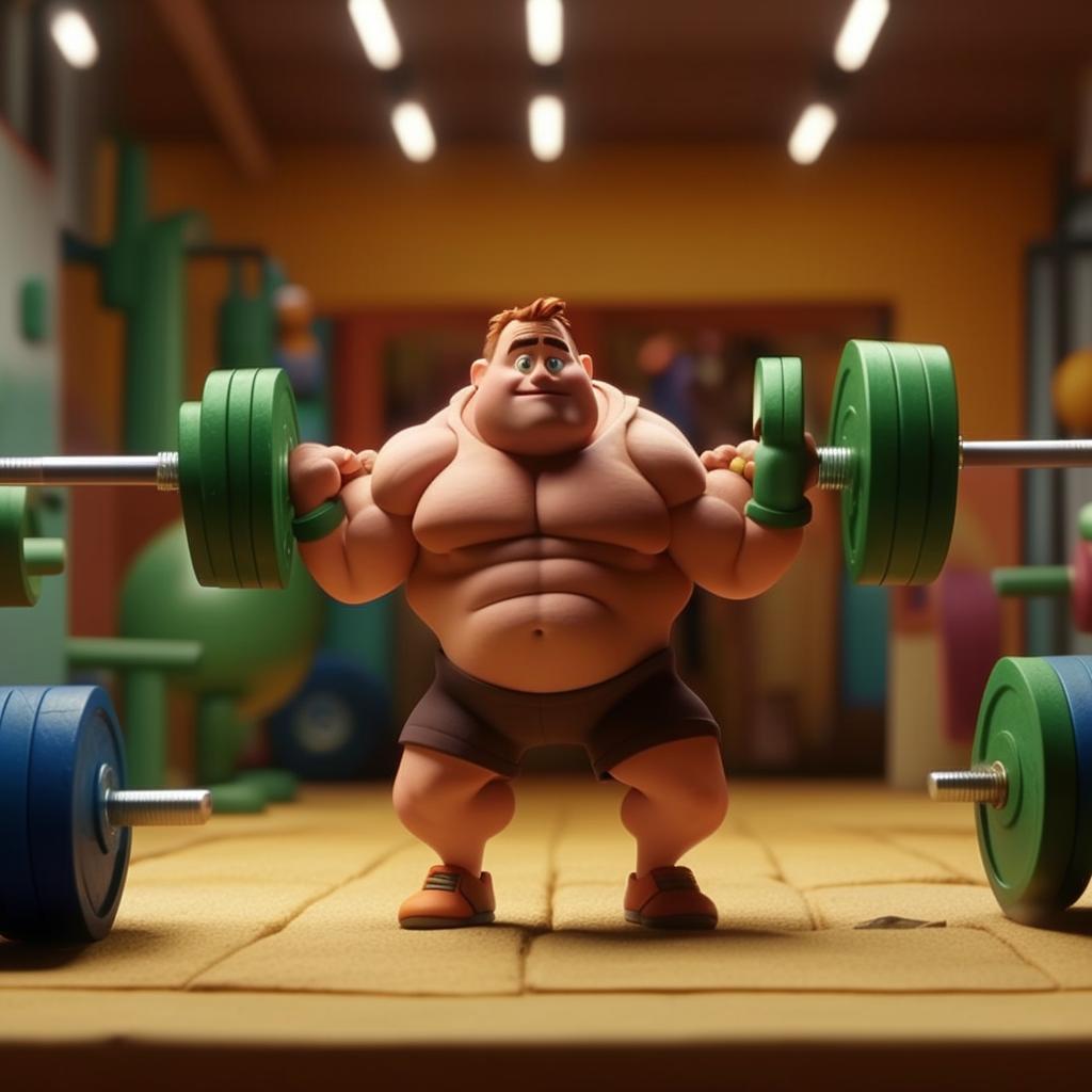 Depict a claymation scene where Steve Carrell, as Chad, starts lifting weights, motivated by hope and anticipation of receiving a muscle-enhancing 'wonderdrug' in the post. Ensure to show the determination in his 'skinny fat' condition.