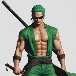 Adapt the previous image of the demonically transformed Zoro to incorporate notable anime aesthetics. Make sure the style, colors, and visual features align with classic anime conventions for a stronger connection to the anime world.