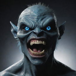 Generate an image of a humanoid monster, possessing a single, large blue eye, fearsome large teeth, and a dark, black body.